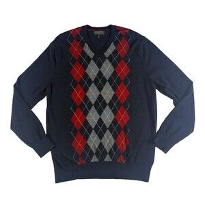 Banana Republic Mens XL 100% Merino Wool Argyle V Neck Sweater Navy Preppy